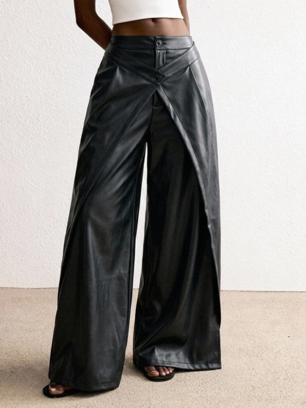 Black Faux Leather Wide Leg Layered Wrap Front Trousers